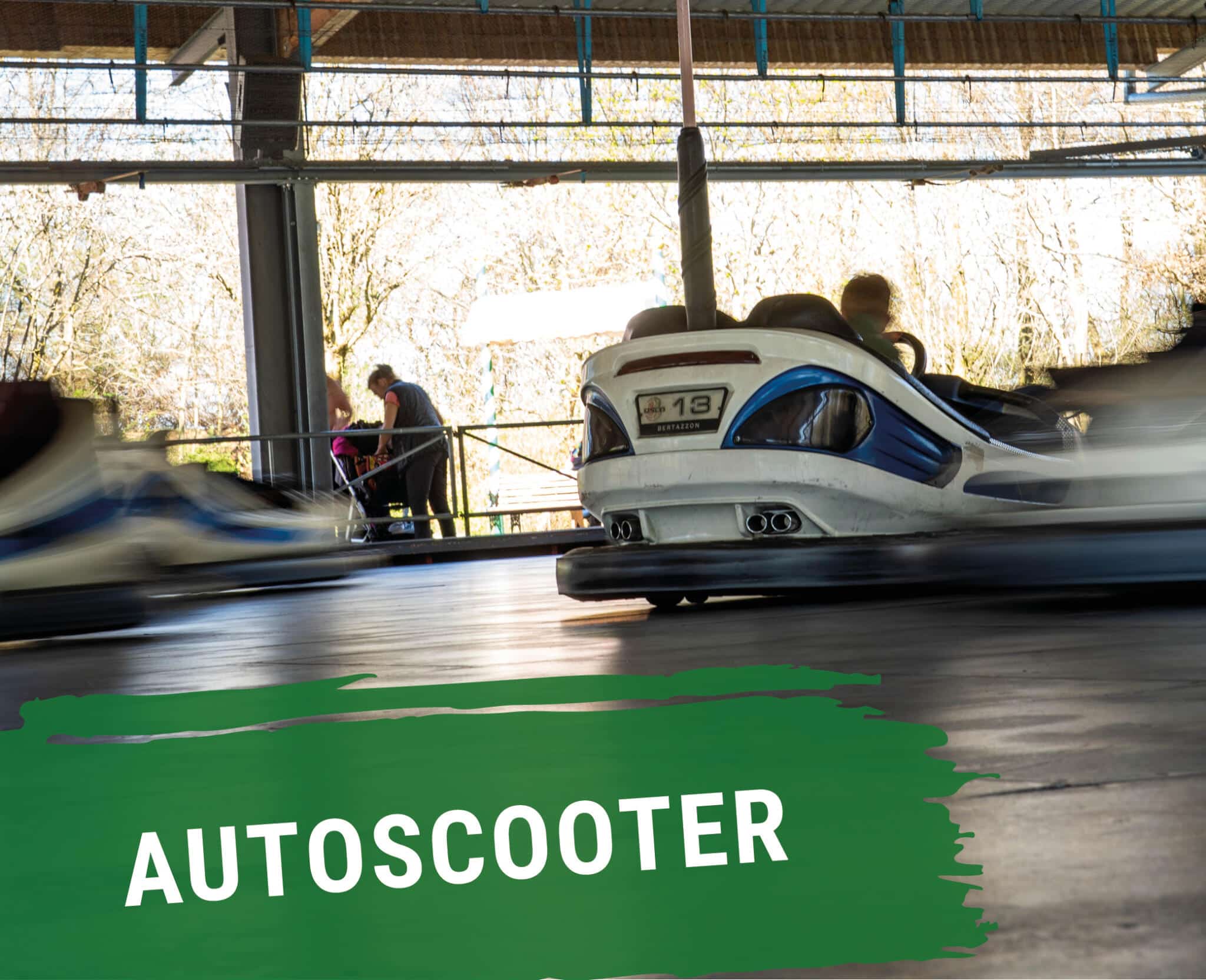 Mehrere Personen fahren in Autoscootern auf einer Fahrbahn mit grauem Boden.