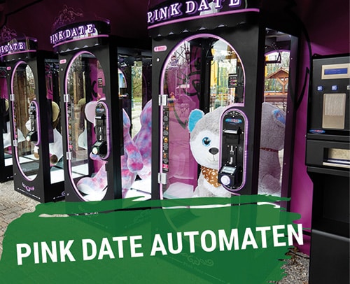Automaten mit dem Namen 'Pink Date', die große Plüschtiere in einer Spielhalle anbieten.