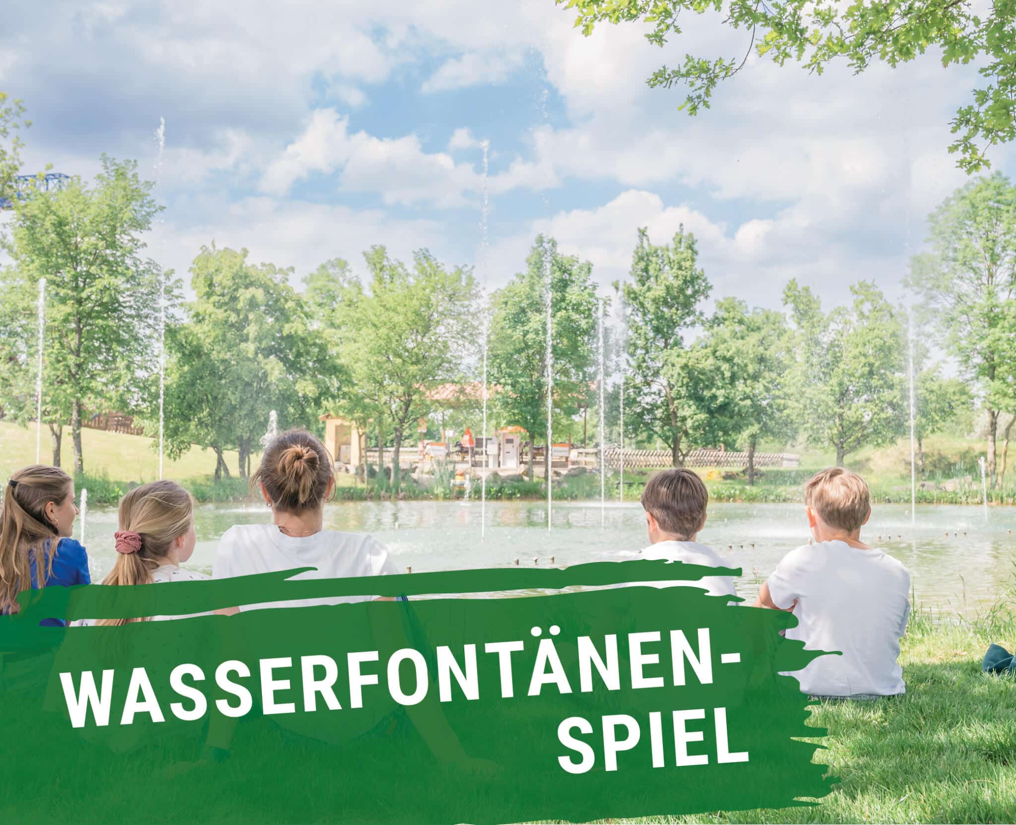 Wasserfontänenspiel: Familie sitzt auf einer Wiese und beobachtet Fontänen auf einem See im Park