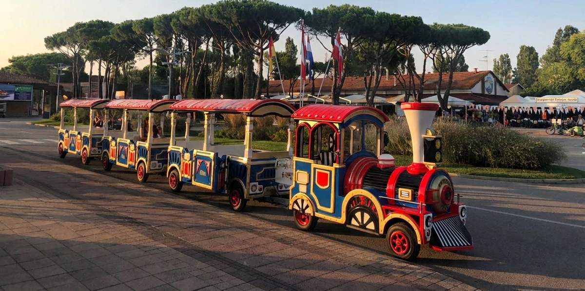 Eine rote Parkbahn mit mehreren Waggons, die von einem Lokführer gesteuert wird.