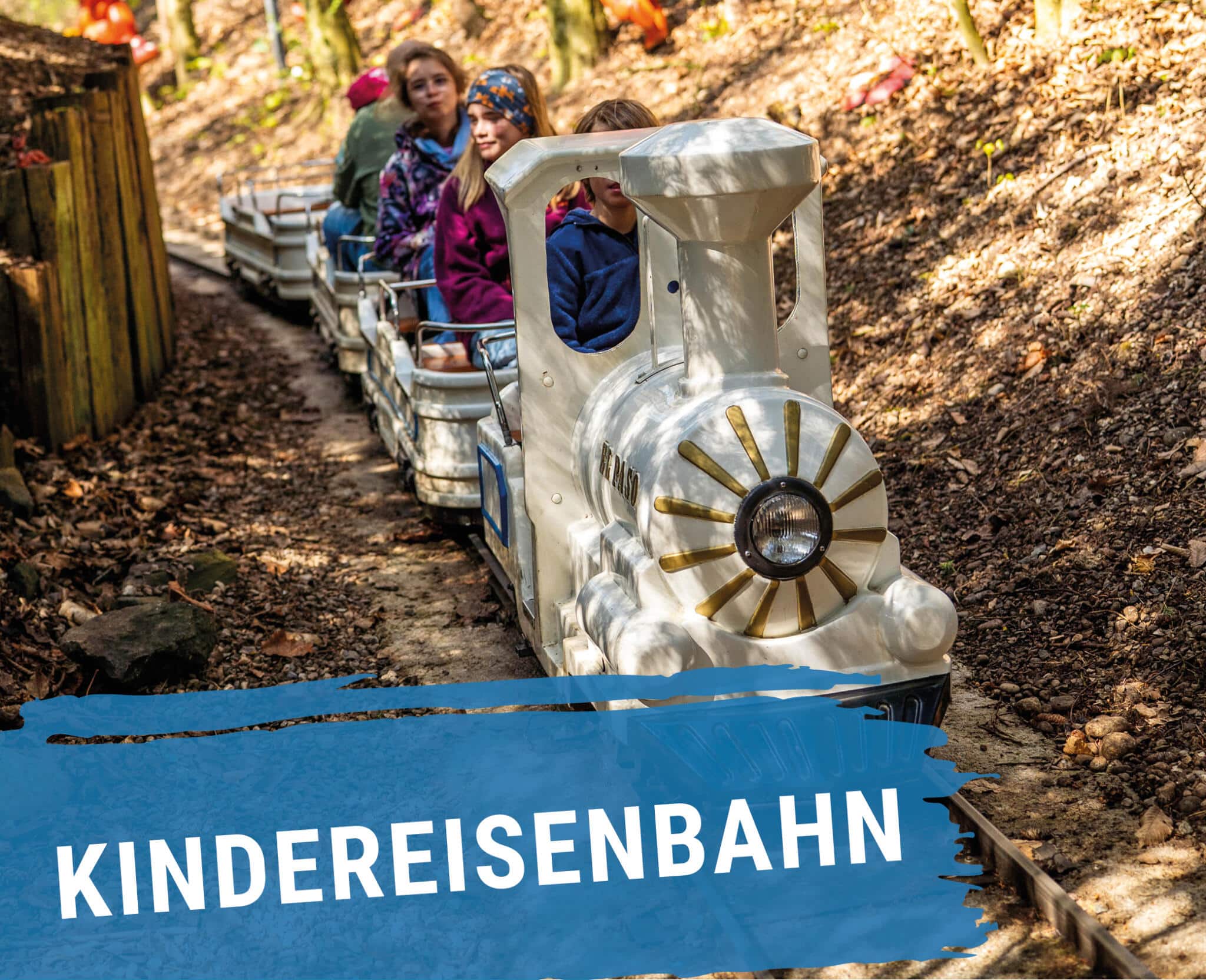Kinder fahren mit der Kindereisenbahn auf einem Waldpfad