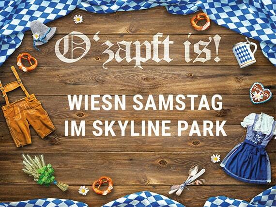 Ein dekoratives Bild mit Trachtenkleidung und bayerischen Motiven für Wiesn Samstag im Skyline Park.