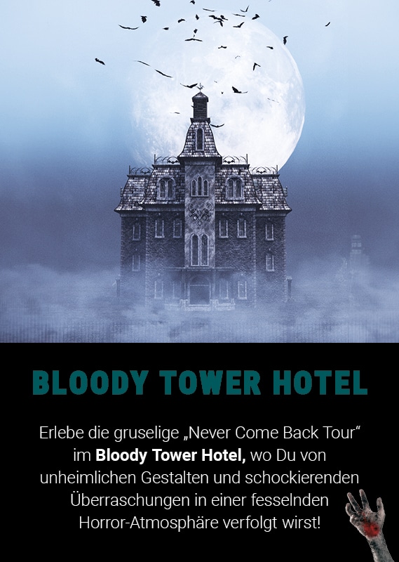 Düstere Darstellung des Bloody Tower Hotels mit fliegenden Vögeln im Hintergrund.
