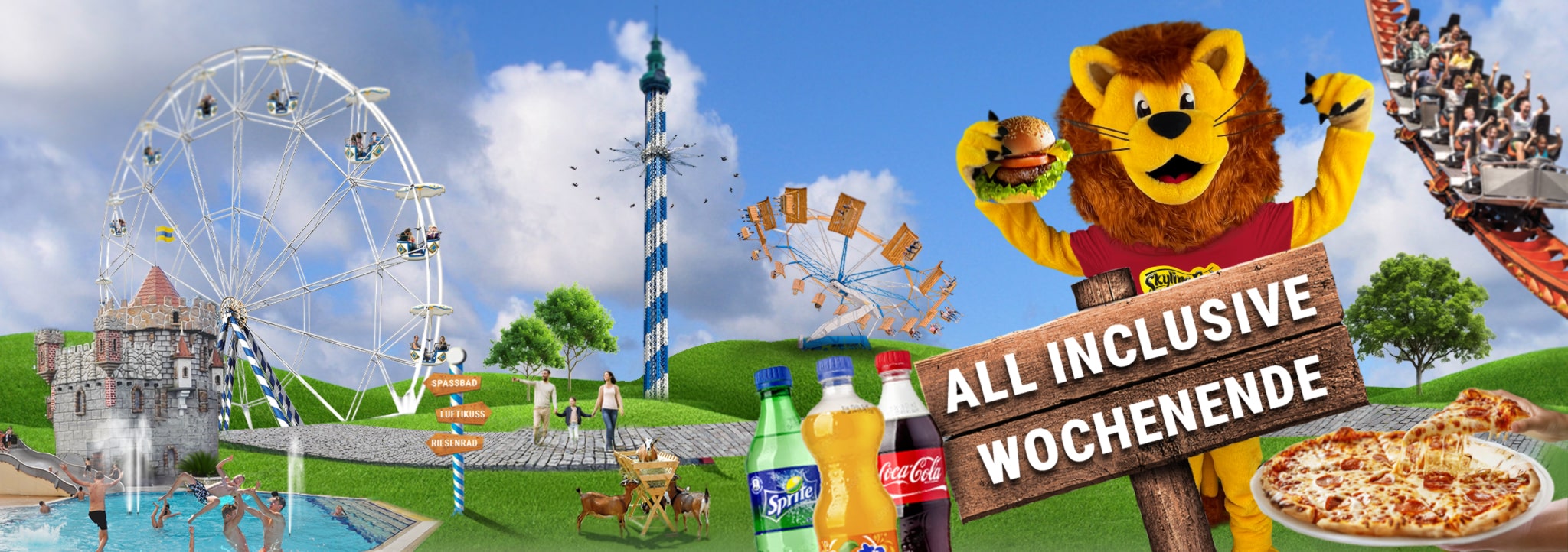 Freizeitpark mit verschiedenen Attraktionen, darunter ein Riesenrad, Achterbahn und ein Maskottchen mit Burger.