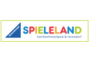 Logo von Ravensburger Spieleland mit bunten Buchstaben und einem blauen Dreieck.