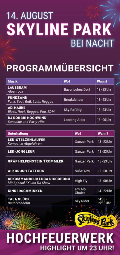 Flyer für das Event Skyline Park bei Nacht mit Programmübersicht und Datum. Flyer für das Event Skyline Park bei Nacht mit Programmübersicht und Datum.