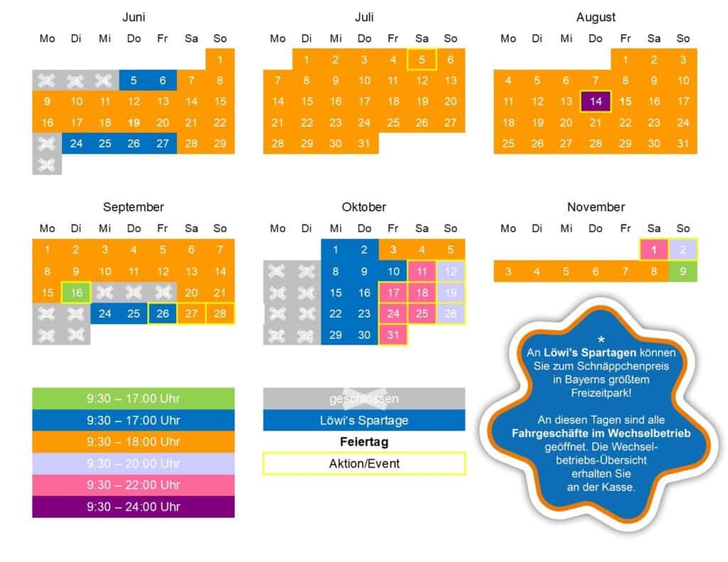 Öffnungszeiten für die Monate Juni bis November 2025 Kalender mit den Öffnungszeiten für die Monate Juni bis November 2025 in einem Freizeitpark.