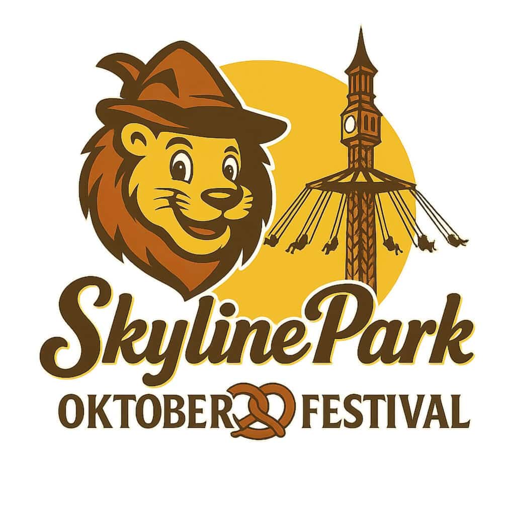 Skyline Park Oktoberfest Logo Logo des Skyline Park Oktoberfest mit einem Löwen und einem Turm im Hintergrund.