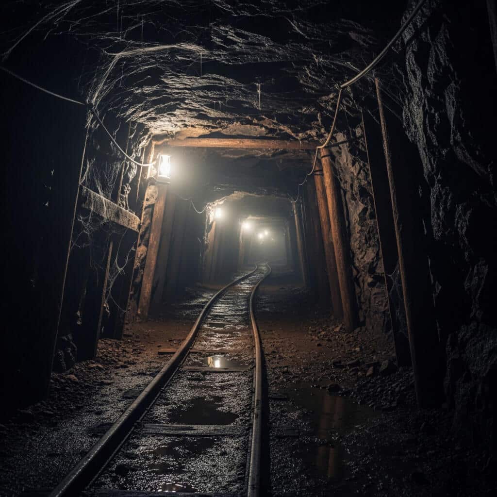 Dunkler Bergwerkstunnel mit Schienen und schwachem Licht am Ende des Tunnels.