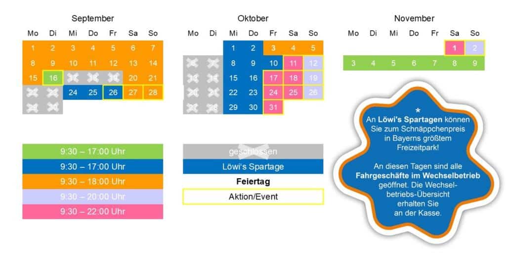 Kalender mit den Öffnungszeiten für Löwis Spartage in Bayern, einschließlich Feiertagen und speziellen Veranstaltungen.