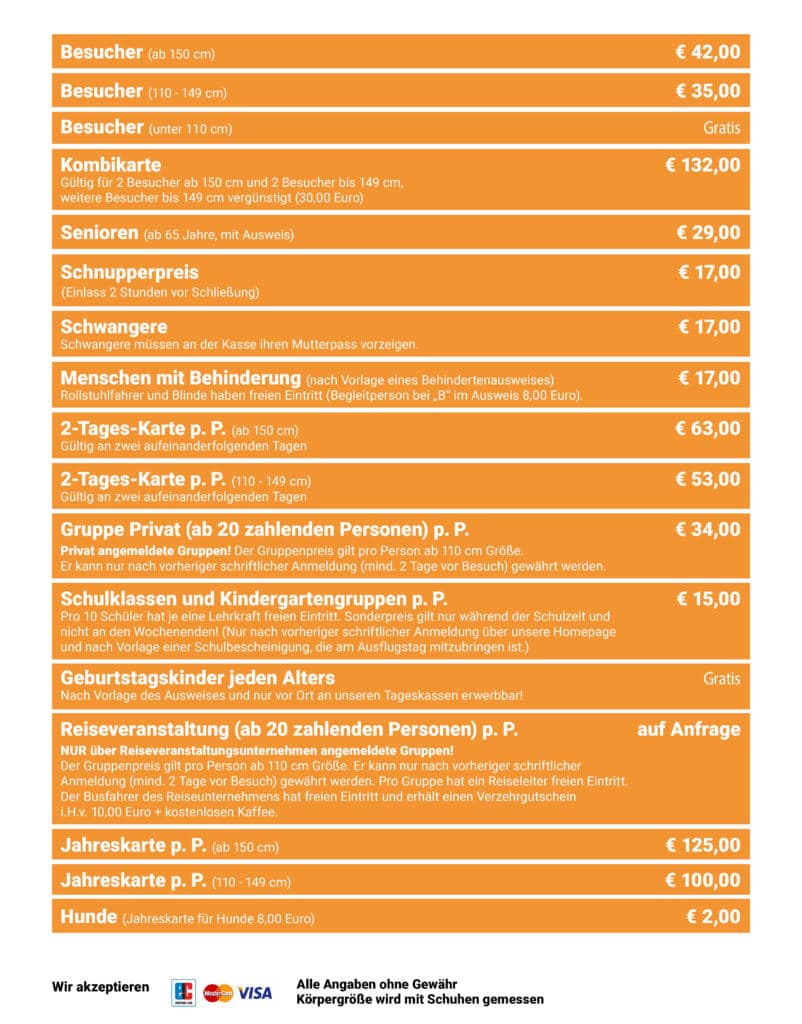 Preisliste für den Allgäu Skyline Park mit verschiedenen Eintrittspreisen für Besucher, Gruppen und spezielle Angebote.