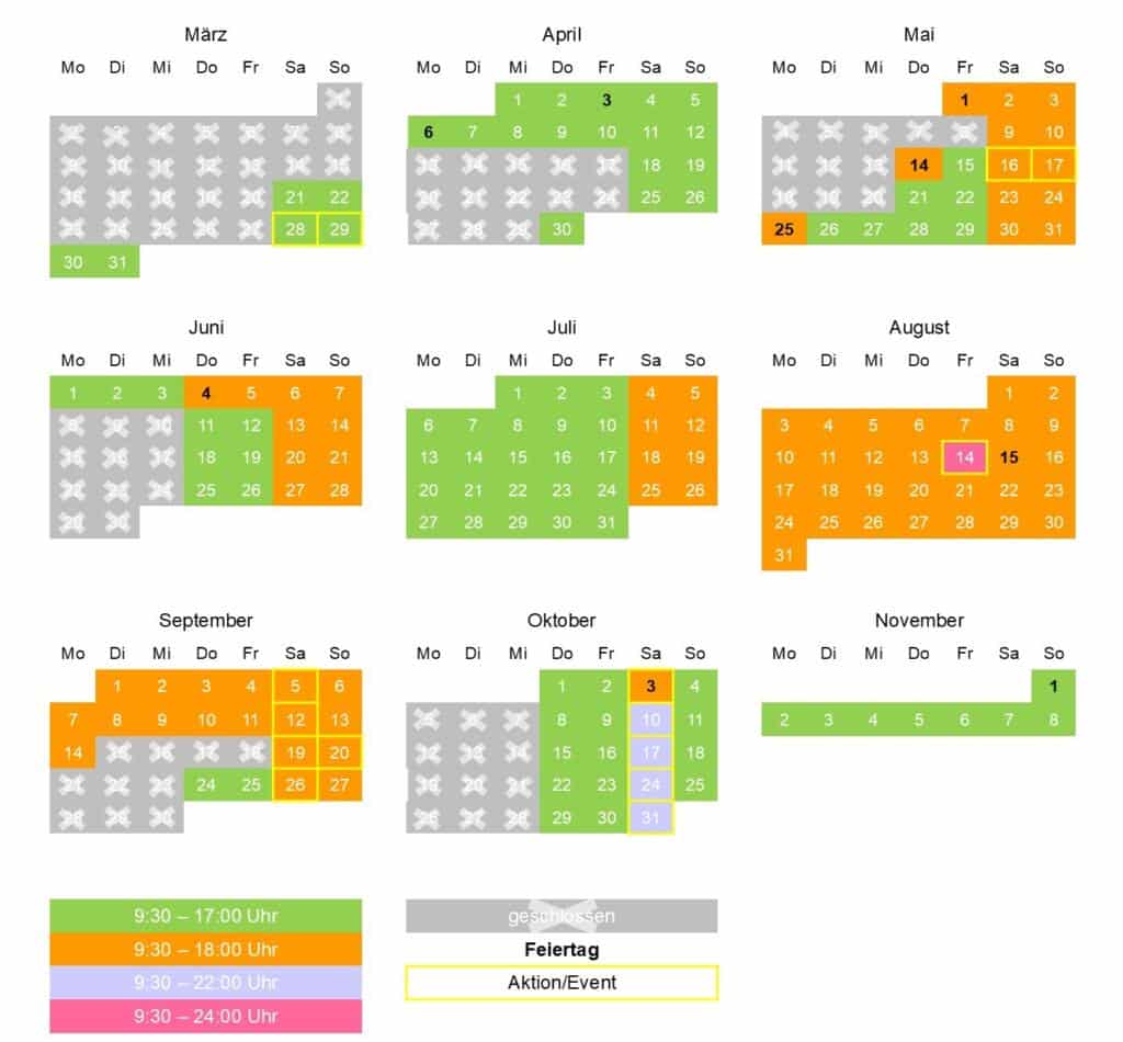 Kalender mit Öffnungszeiten für die Monate März bis November im Allgäu Skyline Park.