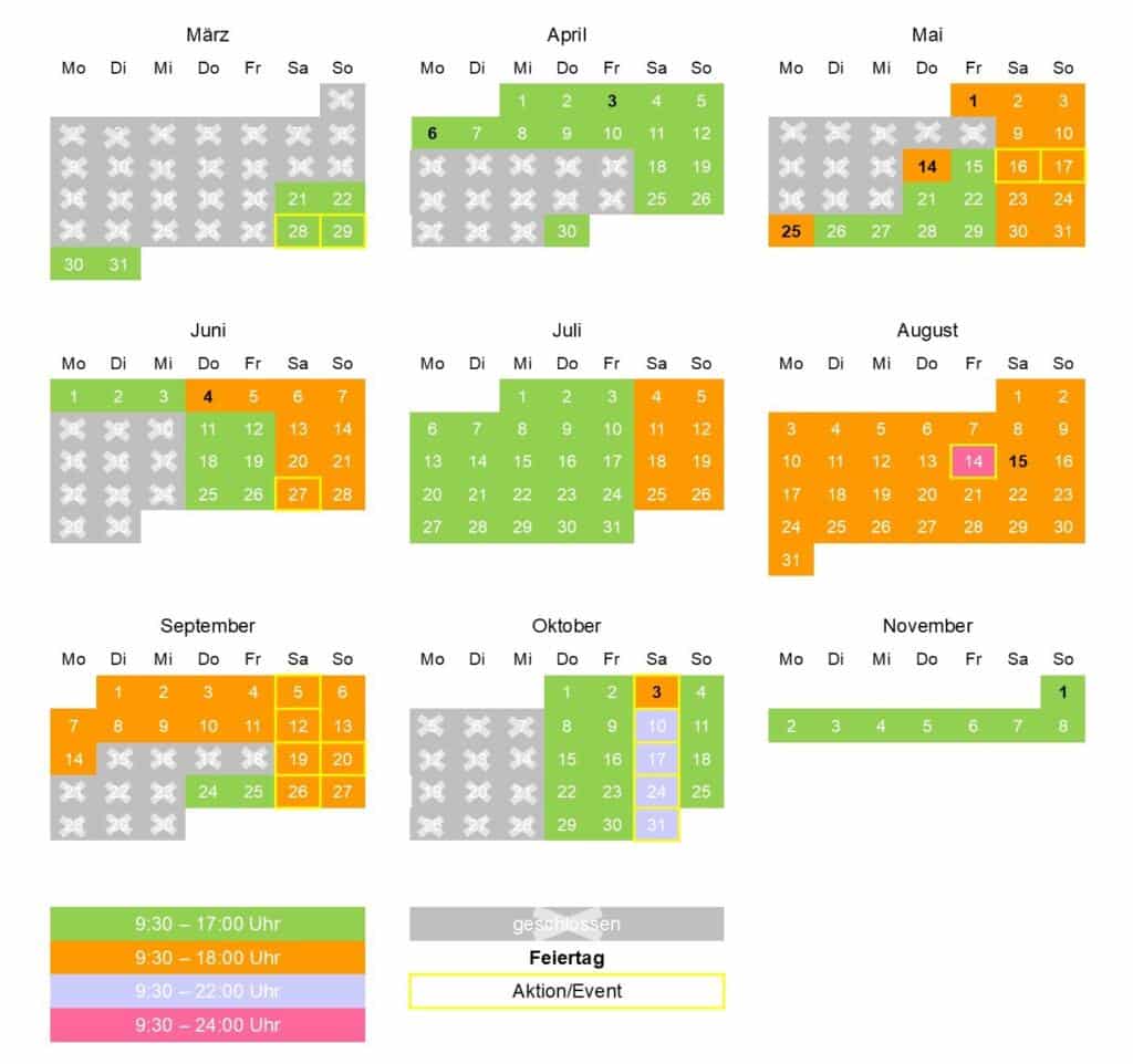 Kalender mit Öffnungszeiten für die Monate März bis November im Allgäu Skyline Park.