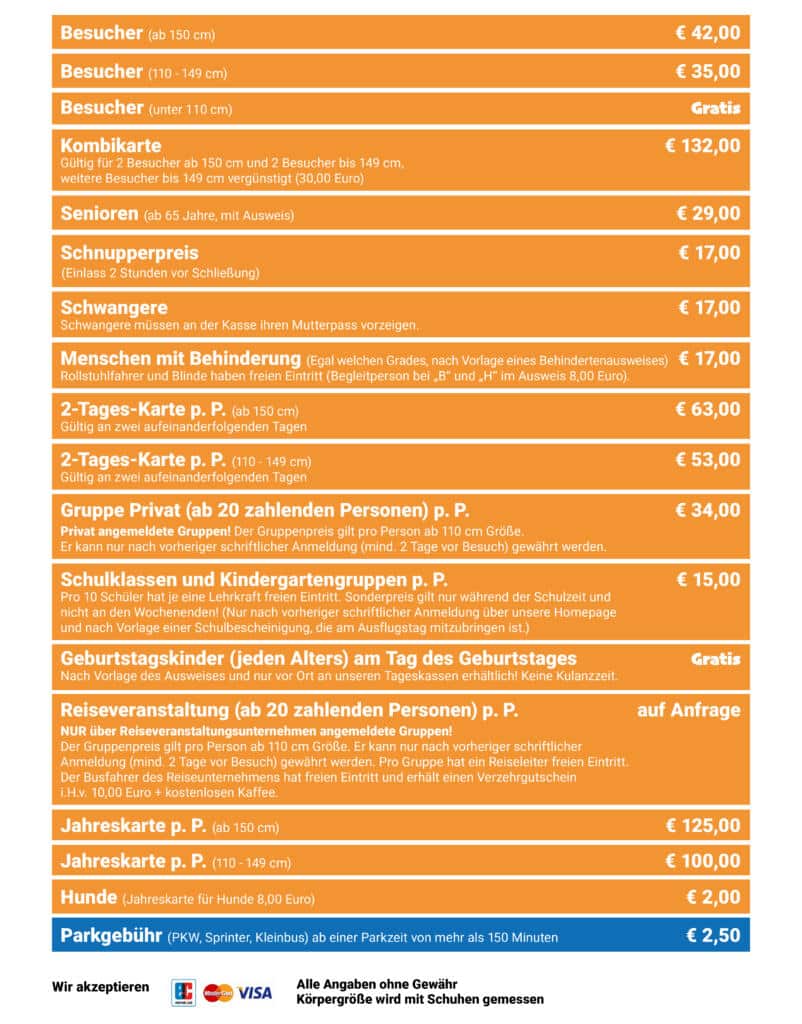 Preisliste für den Allgäu Skyline Park mit verschiedenen Eintrittspreisen für Besucher, Gruppen und spezielle Angebote.