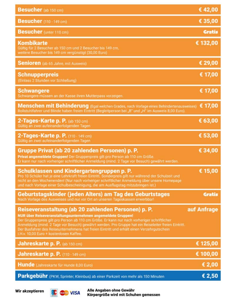 Preisliste für den Allgäu Skyline Park mit verschiedenen Eintrittspreisen für Besucher, Gruppen und spezielle Angebote.