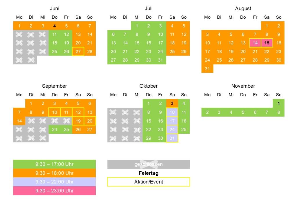 Farbcodierter Öffnungszeiten-Kalender für Juni bis November 2026 mit grünen, orangefarbenen und grauen Tagen sowie Feiertag und Aktion/Event.
