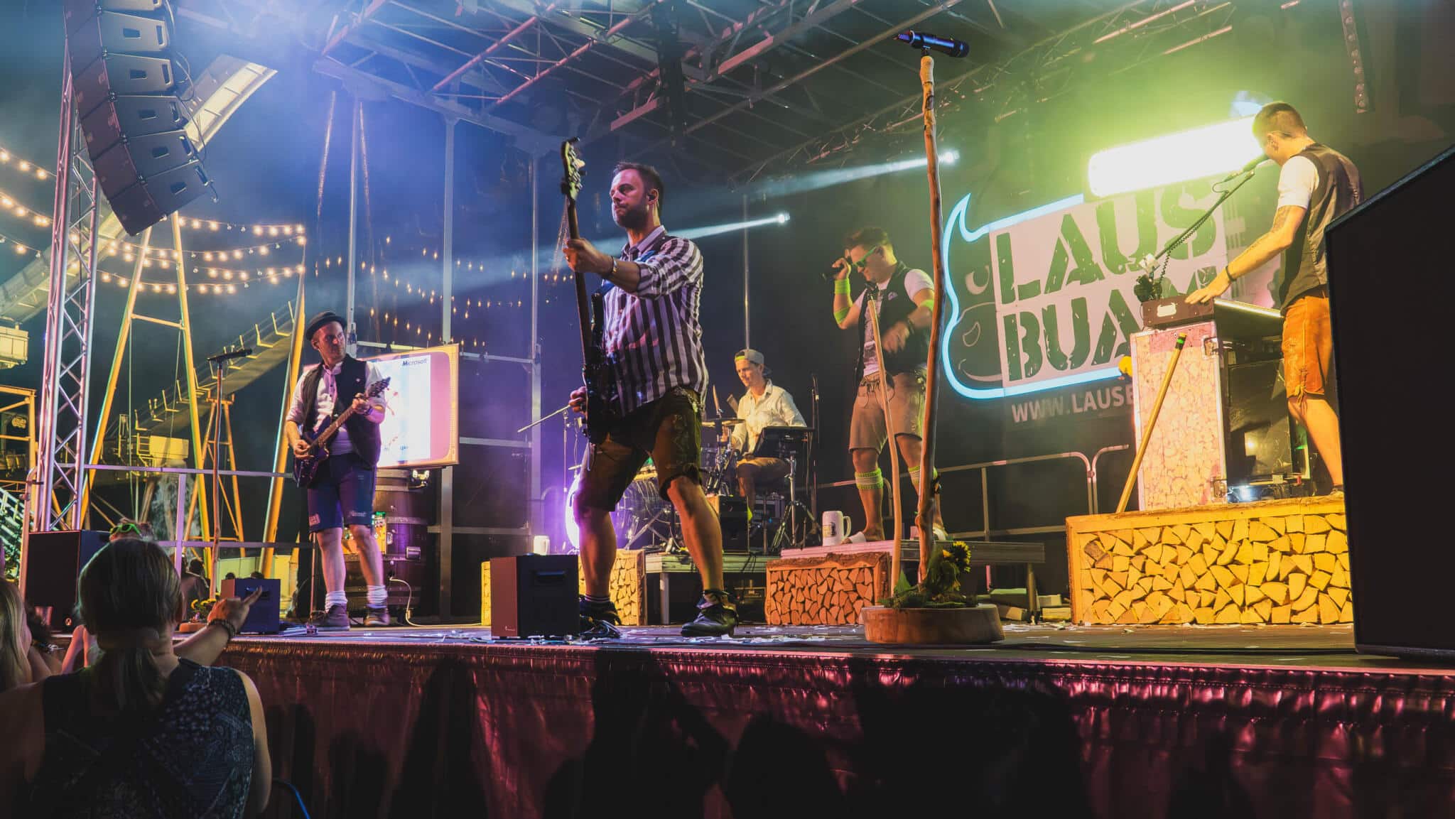 Die Laubbaum Band an Skyline Park bei Nacht auf einer Bühne