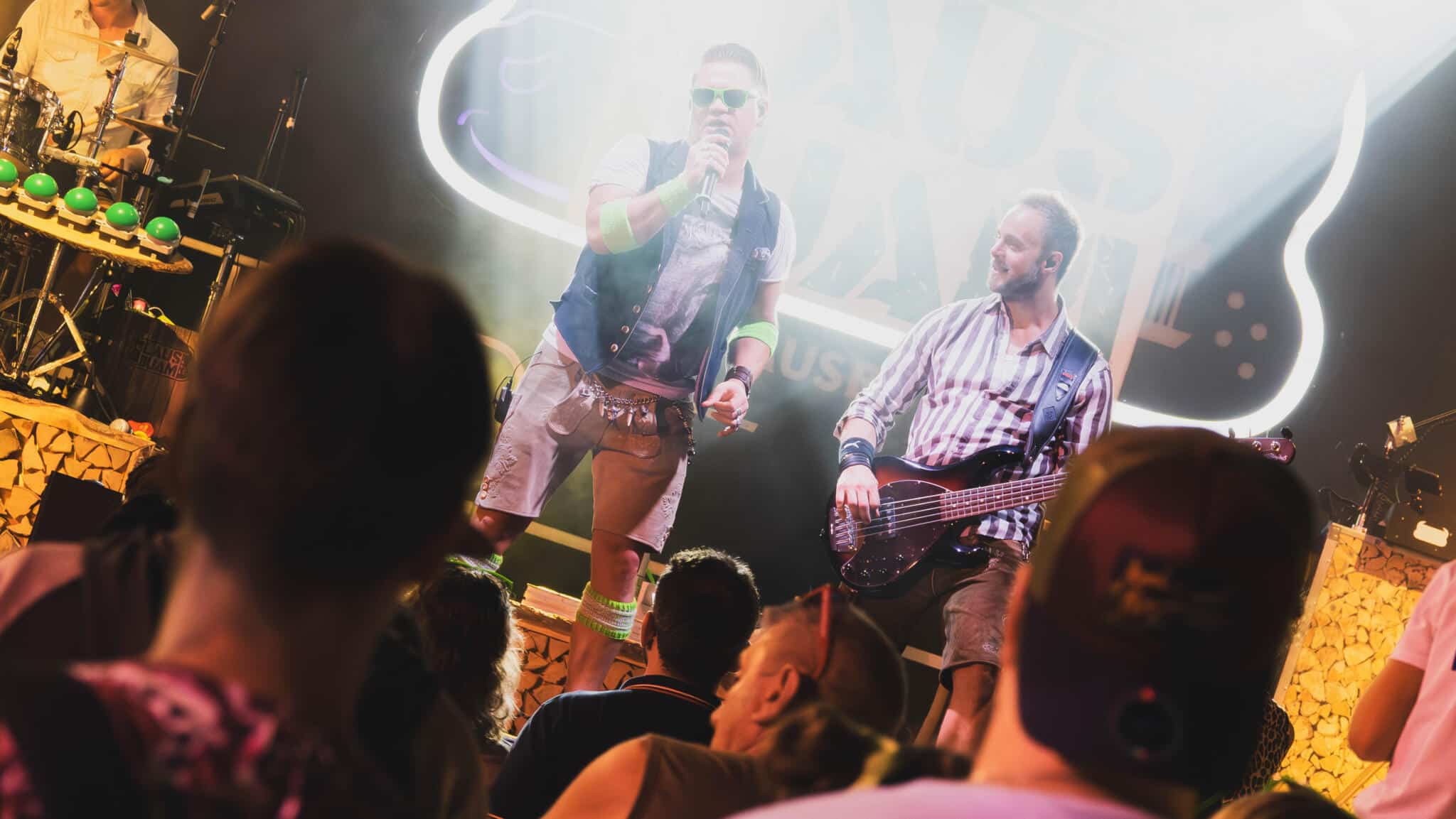 Die Laubbaum Band an Skyline Park bei Nacht auf einer Bühne
