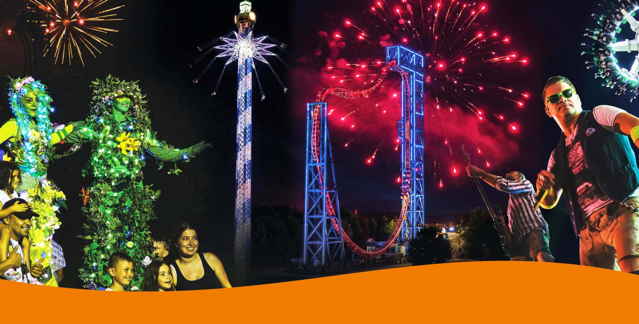 Bunte Feuerwerke erhellen Sky Line Park bei Nacht mit leuchtendem Turm, Achterbahn und fröhlichen Besuchern im Vordergrund.