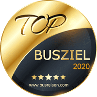Goldene Auszeichnung mit der Aufschrift 'Top Busziel 2020' und fünf Sternen.