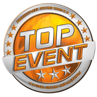 Rundes Abzeichen mit dem Text 'Top Event' und drei Sternen in orange und silber.