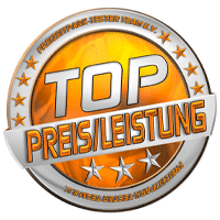 Rundes Abzeichen mit der Aufschrift 'TOP PREIS/LEISTUNG' und drei Sternen.