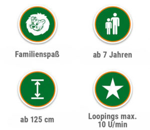Symbole für Familienattraktionen im Freizeitpark Symbole für Familienattraktionen, darunter ein Löwe, Altersangabe und Größenanforderungen.