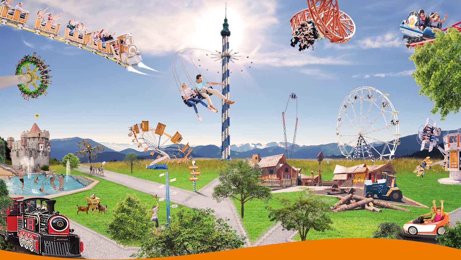 Vielfältige Fahrgeschäfte und Attraktionen in einem Freizeitpark mit Achterbahn und Riesenrad.