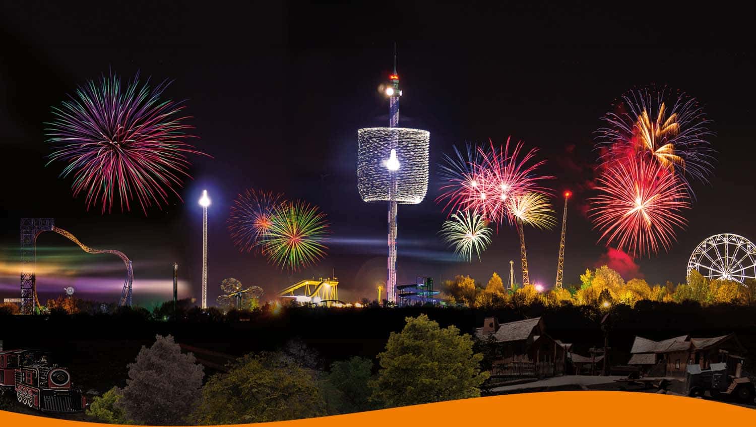 Buntes Feuerwerk über dem Skyline Park mit verschiedenen Farben und Formen am Nachthimmel.