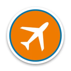 Symbol eines Autos in weißer Farbe auf einem orangefarbenen Hintergrund mit blauer Umrandung.