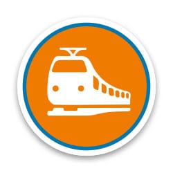 Symbol eines Autos in weißer Farbe auf einem orangefarbenen Hintergrund mit blauer Umrandung.