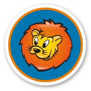 Illustration eines Löwenkopfes mit orangefarbener Mähne auf blauem Hintergrund.